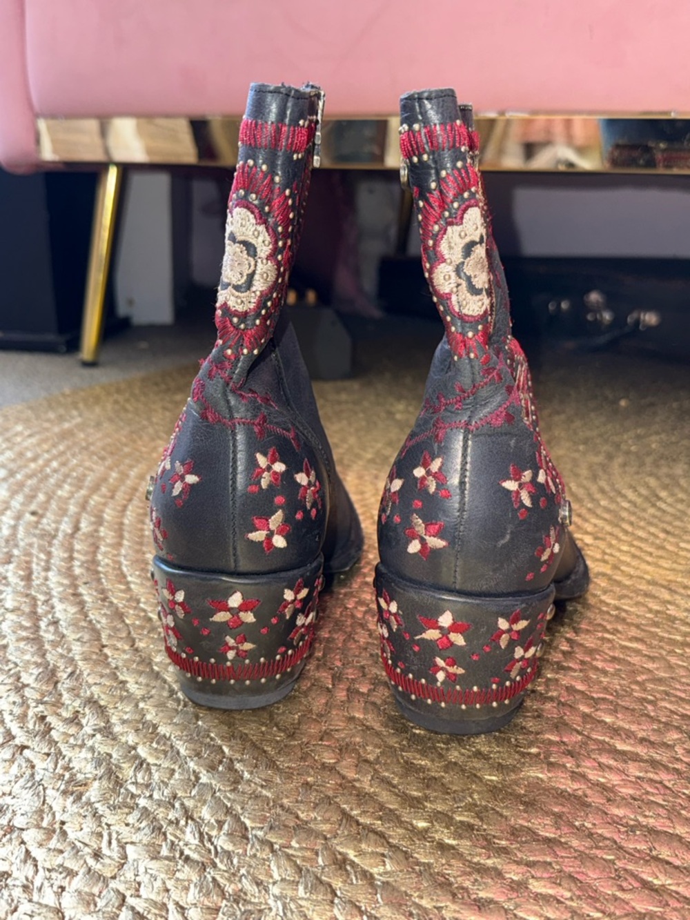 Old Gringo Navy Leather Ankle Boots with Red Floral Embroidery - Picture 7 of 10